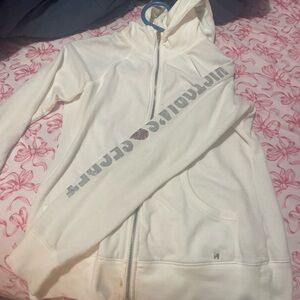 White Zip-Up Hoodie with Graphic Text
